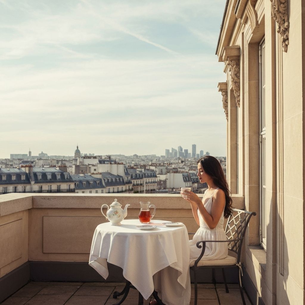 Peaceful moment of mindful tea consumption on elegant terrace